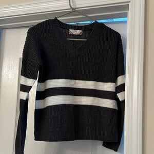 Charcoal Gray and White Striped V-Neck Sweater